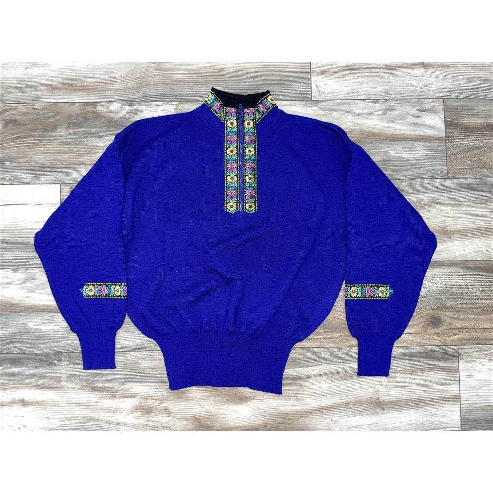 VINTAGE Meister Sweater Womens Large Purple 1/4 Zip Embroidery Trim